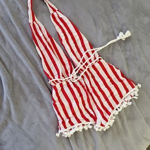 Striped backless deep vneck tie tassel romper